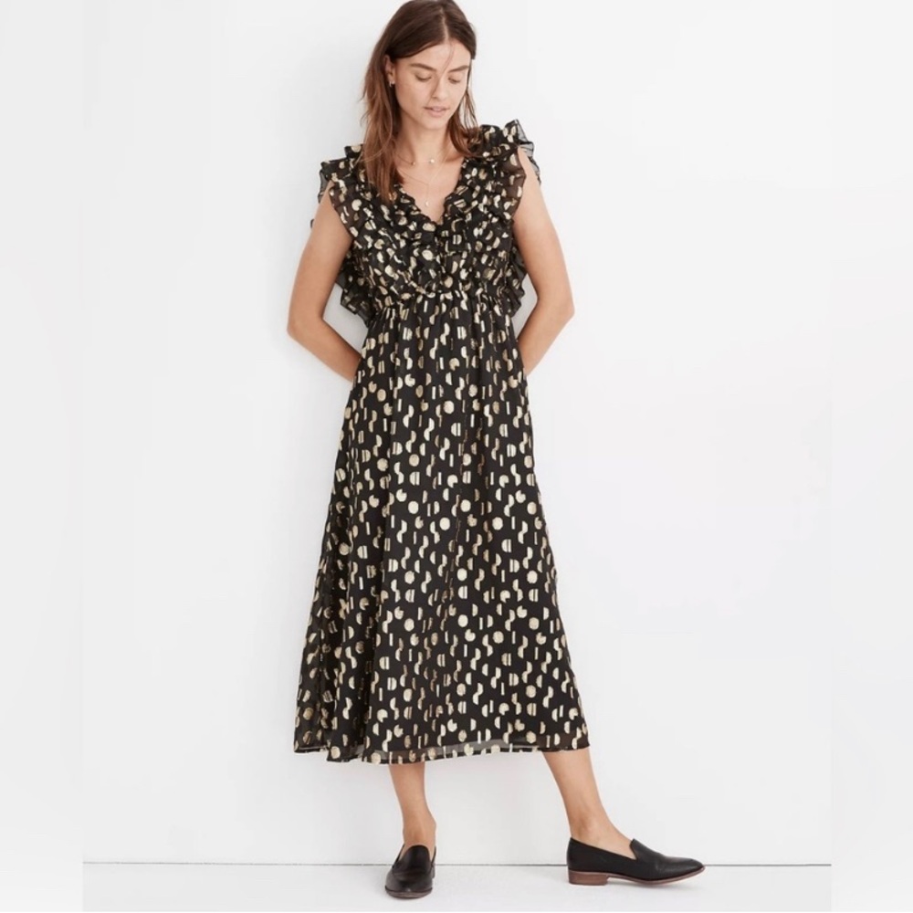 *ISO* XS Madewell Metallic Clipdot Ruffle Midi Dress